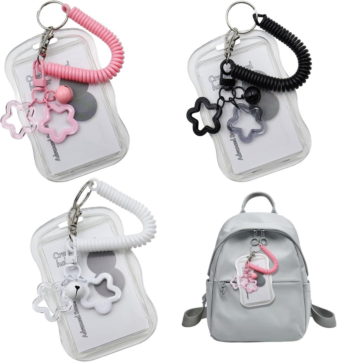 3-Pack Kawaii Fotokaart Houder met Sleutelhanger - ID Kaart Houder voor Studenten, Campus en Buskaarten - Blauw, Wit, Roze