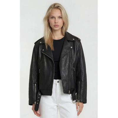 Lederjacke TRUEPRODIGY "Dua mit Gürtel und Reißverschluss Details", Damen, Gr. XS, schwarz, Obermaterial: 100% Schafsleder sheepskin., Jacken