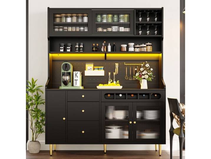 Buffet-Armoires Cuisine-Haut Vaisselier avec Plans de Travail et 3 Tiroirs-Étagères Réglables-2 Portes Coulissante-Noir
