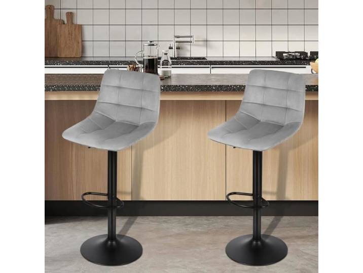 Lot de 2 chaises de bar réglables en velours gris clair - JEOBEST - Cuisine - Métal - Design