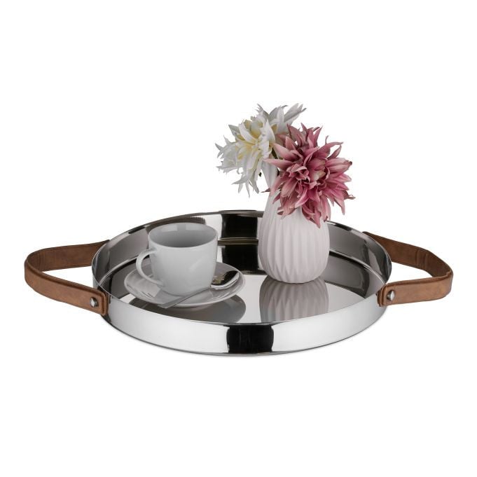 Relaxdays Rond dienblad met handvatten, Rvs, Zilver, Ø 35 cm