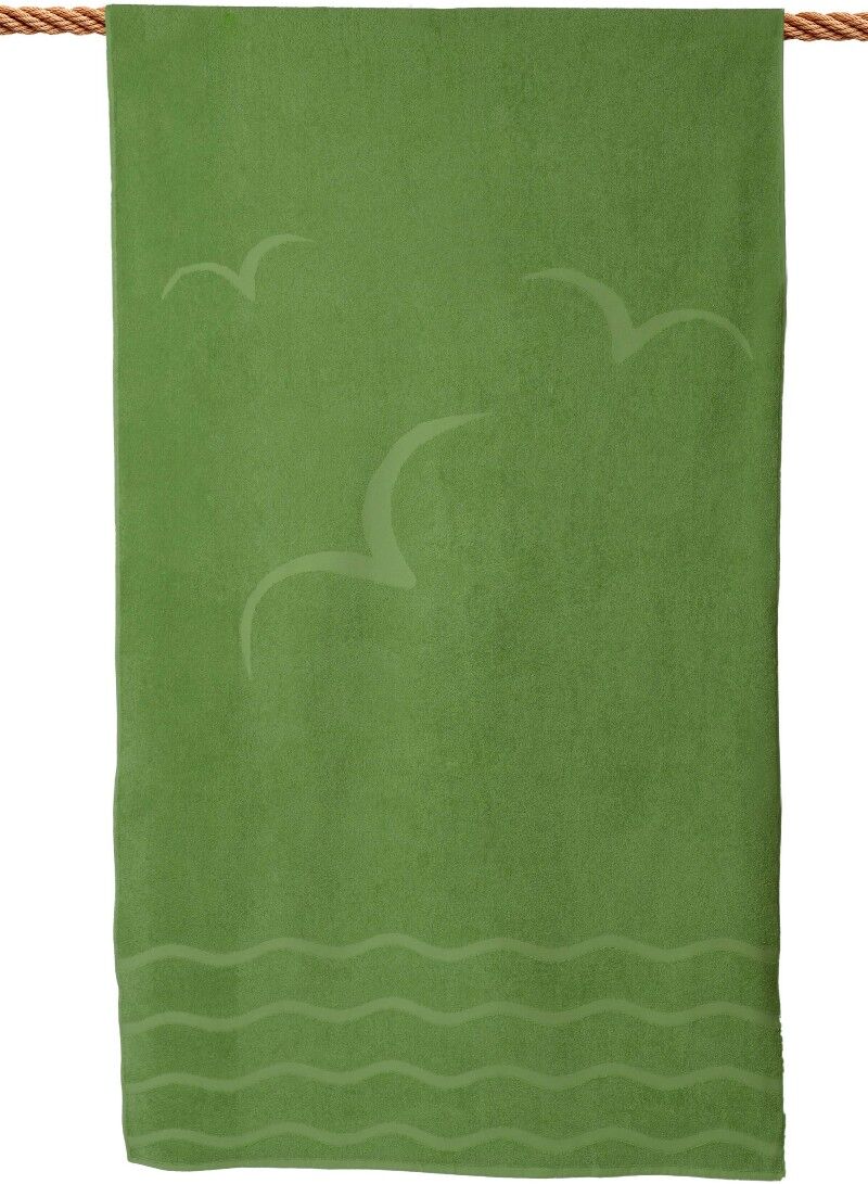 Strandtuch WEWO FASHION "9526", grün (grass), B:100cm L:180cm, Frottier, Frottier, Handtücher, Strandtuch, Rückseite nahezu glatt grass B/L: 100cmx180cm, 1 Stk., Vögel, Frottier