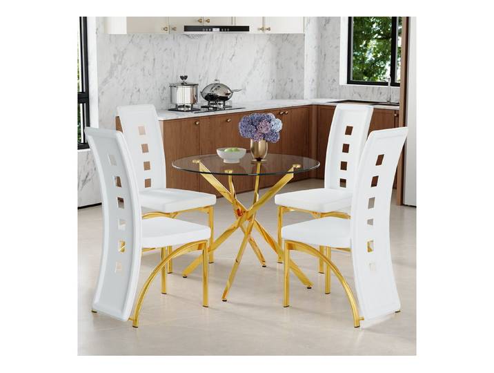 Fine Life Pro Essgruppe Tisch-Set, Glastisch, 4 weiße PU-Stühle, Lochmuster, 88 cm, geometrisch, minimalistisch, Essbereich