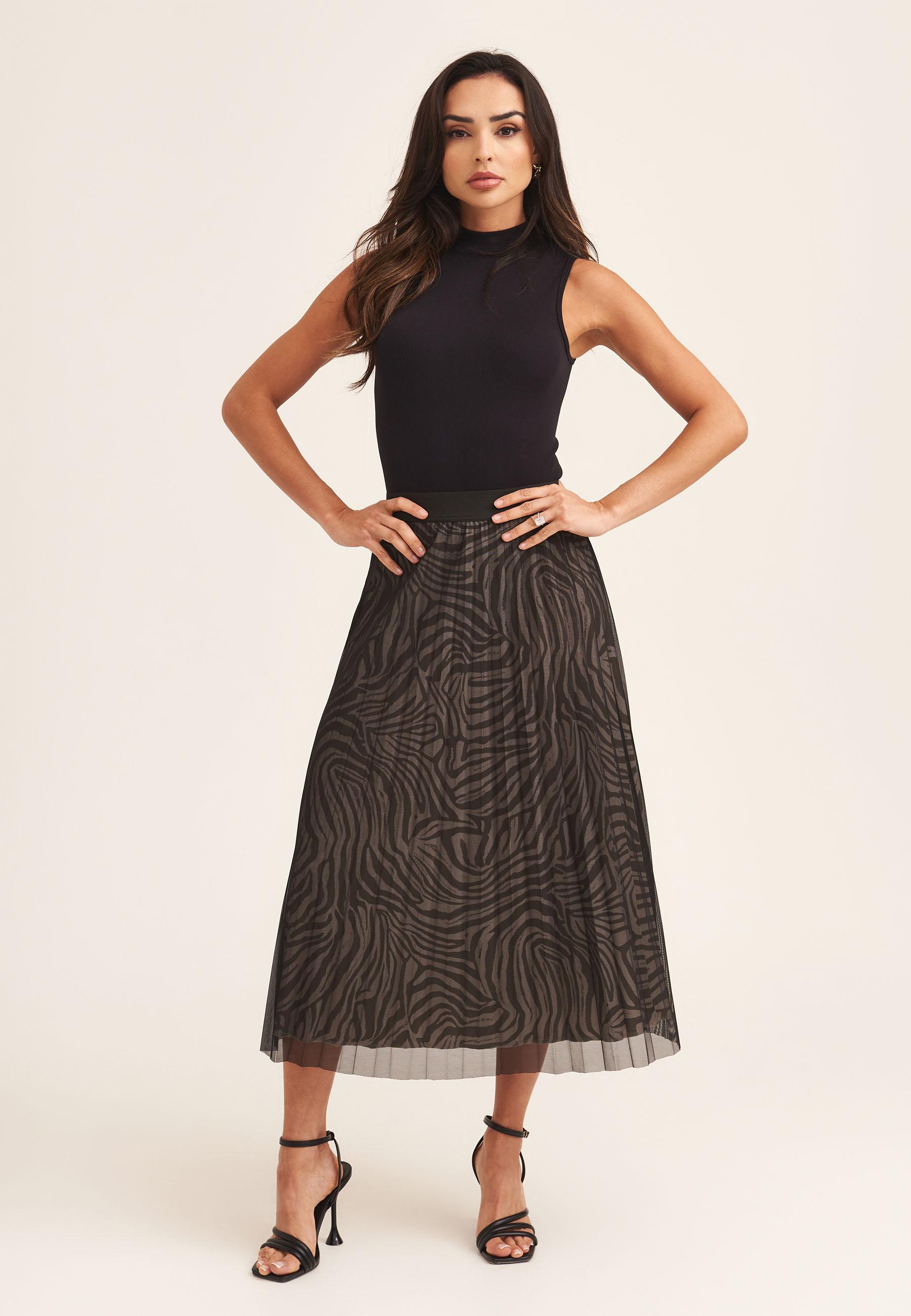 Schwarzer Mesh-Overlay-Midirock mit Tiermuster