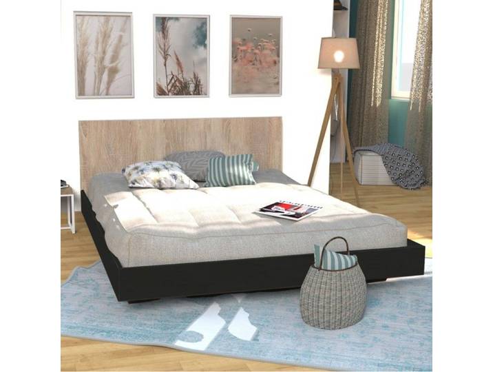 Lit LOFT 140x190 + 1 sommier + tête de lit / Décor Noir & chêne blanchi