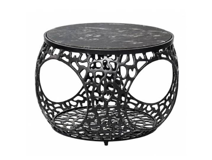 WOHNLING Couchtisch 60x45cm Echter Marmor Schwarz Aluminium Handgefertigt Runder Beistelltisch, Sofatisch mit Marmorplatte, Wohnzimmertisch aus Metall, Ablagetisch mit Stauraum