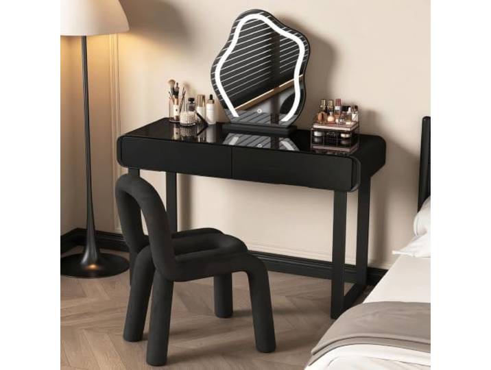 Moderner schwarzer Schminktisch mit beleuchtetem Spiegel und Hocker Moderner schwarzer Schminktisch mit beleuchtetem Spiegel, Schubladen und gepolstertem Hocker(80/40cm/31.5/15.7in)