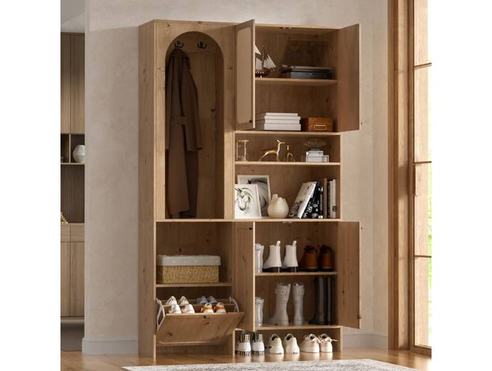 MEUBLIV Ensemble vestiaire d'entrée 120 x 35 x 200 cm 4 portes décor rotin rangement chaussures naturel