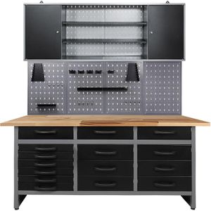 Ondis24 Werkbank Konny, schwarz, 3-teilig, 1 Hängeschrank, 15 Schubladen & Lochwand, 160 x 205 x 60 cm