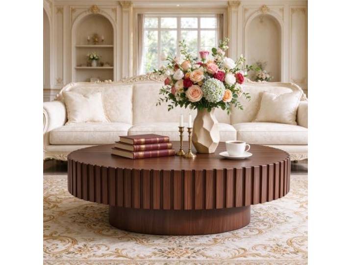 RZTPYS Ovaler Trommel‑Couchtisch Mit Stabilem Sockel,Brown 43.3 Moderner Geriffelter Holz‑Couchtisch, Zentral‑Tisch Akzent‑Teetisch Für Wohnzimmer Wohnung Büro Empfangsraum
