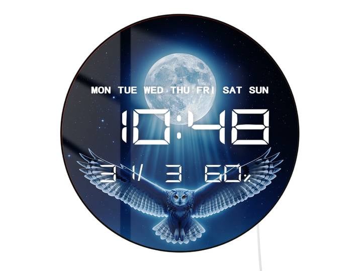 Hibou volant avec pleine lune LED, horloge murale numérique à gradation automatique, horloge murale électronique avec chiffres Jumbo, calendrier, Date, température