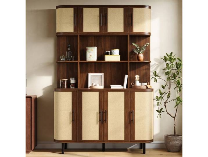 Buffet haut - Sideboard - Grand Vaisselier Buffet Haut - 8 Portes Effet Cannage Niches Ouvertes - Pieds Métal Noir - Noyer