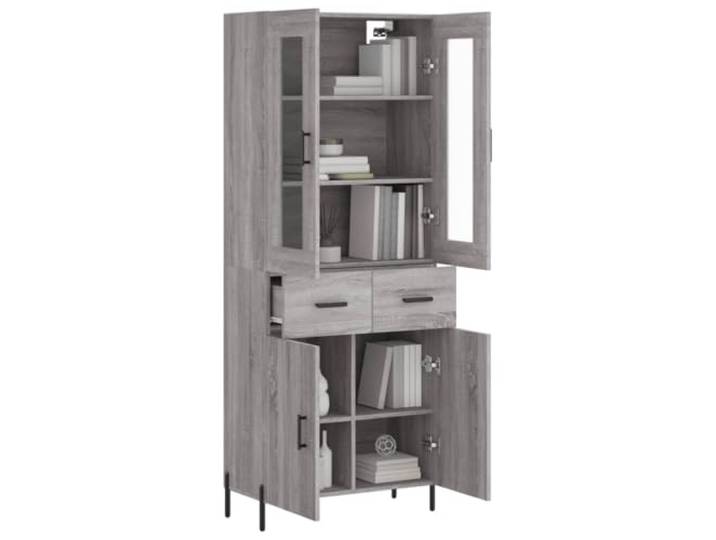 KTHLBRH Sideboard Grau Sonoma 69,5 x 34 x 180 cm Holz mehrschichtig Aufbewahrungsschrank, großer Stauraum, Füße aus Metall, Glas, inkl. Wandbefestigung