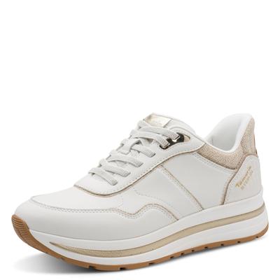 Plateausneaker TAMARIS, Damen, Gr. 40, weiß, Lederimitat, Textil, Schuhe Plateausneaker, Freizeitschuh, Halbschuh, Schnürschuh mit Kontrast-Paspellierung