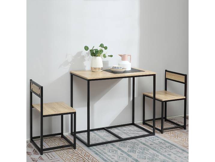 Ensemble Industriel Table+2 Chaises Métal/Chêne Clair