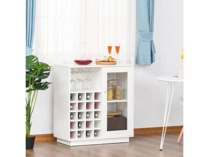 Meuble porte-bouteilles - 20 bouteilles - 3 rails porte-verres - placard latéral - métal blanc