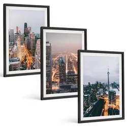 BILDER SET 3er Set - 40x60 cm Schwarzer Rahmen - Städte bei Nacht, Wolkenkratzer, Lichter