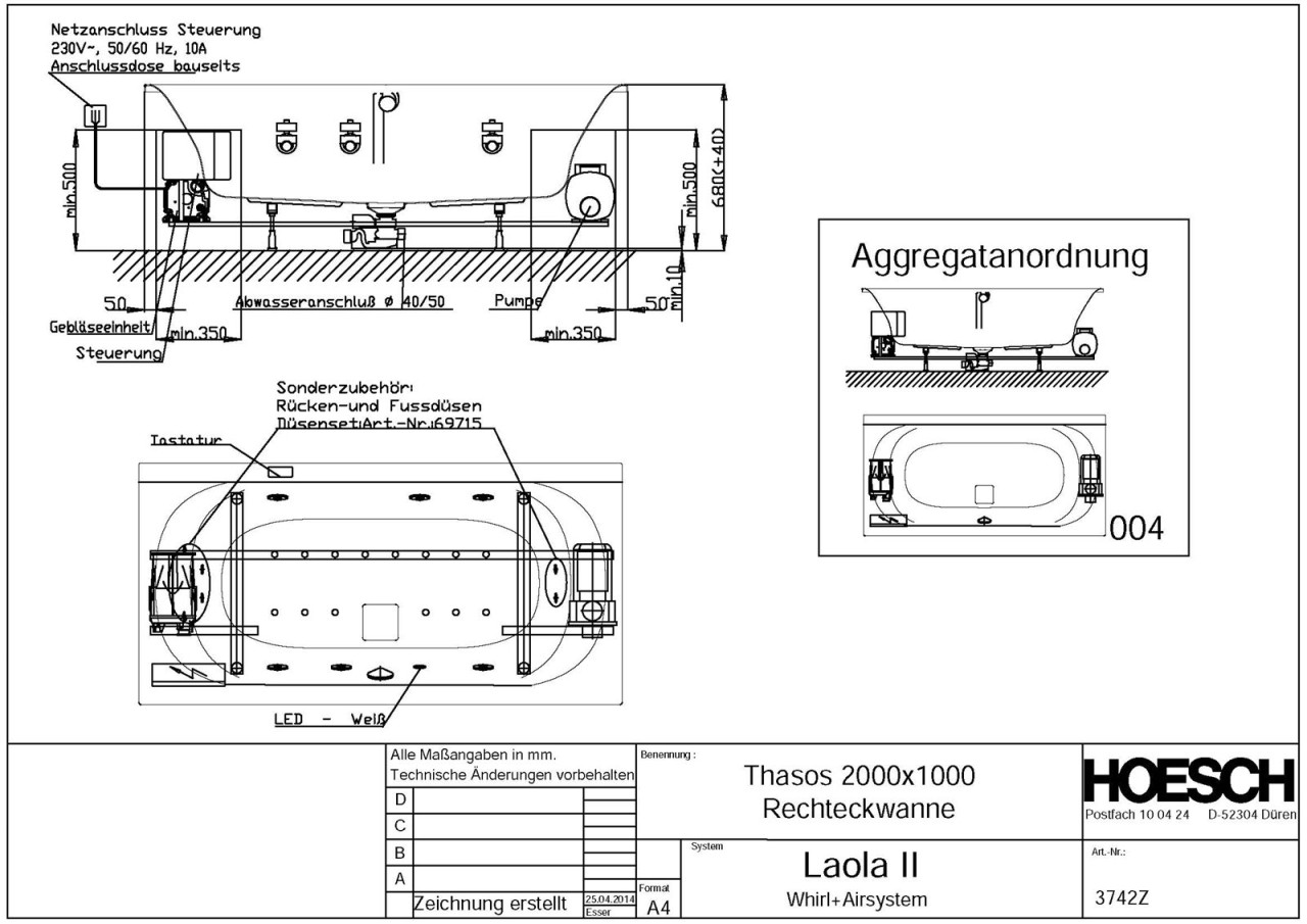 Hoesch Whirlwanne Thasos Rechteck 2000x1000 3742Z.010305004