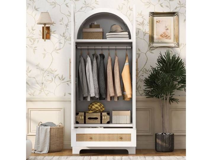 Armoire Chambre Double Porte Bois Blanc Armoire Penderie FloraGrace Pour Chambre Avec 2 Tiroirs 70x55x170cm
