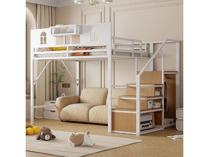 Lit Mezzanine en métal 140x200 cm avec échelle de Rangement fenêtre étagère intégrée Design Unique avec Blanc 140 LIT MEZZANINE