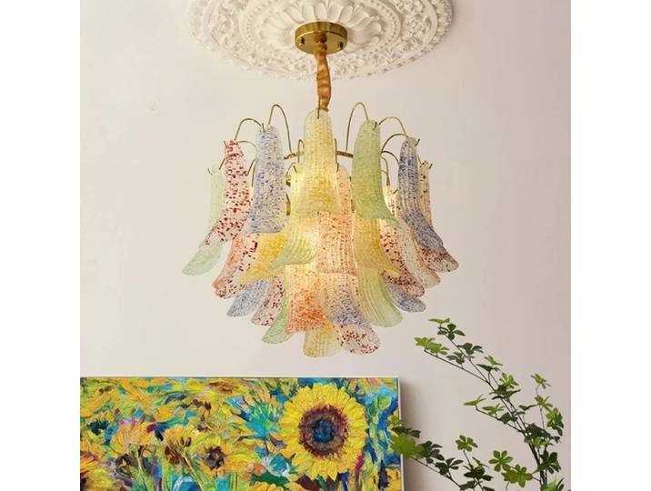 Lustre en verre coloré de style artistique, lampe suspendue à pendentif en forme de pétales de cristal, style vintage français, pour salon, chambre à coucher, hôtel, couloir, luminaires suspendus.