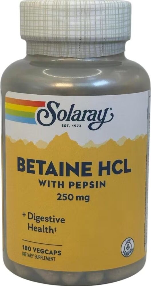 Solaray Betaina Hcl Con Pepsina 250mg 180 Cápsulas Vegetales Talla Única Unisex