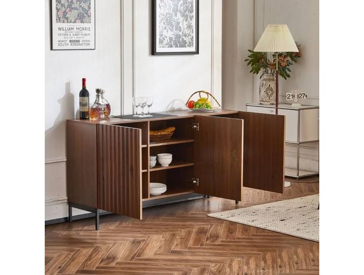 Maisentiel Buffet bas 3 portes marron foncé effet bois façades ondulées 150 x 40 x 80 cm