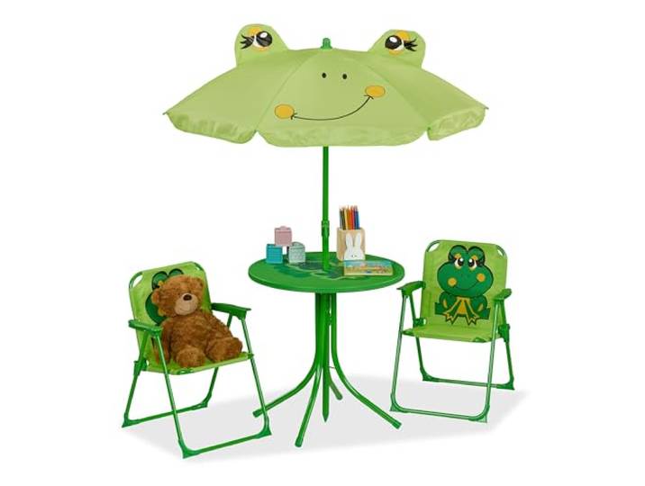 Relaxdays Camping Kindersitzgruppe, Kindersitzgarnitur mit Schirm, Kinderklappstühle & Tisch, Strand & Garten, Farbwahl