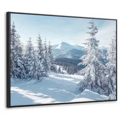 LEINWAND Bilder mit Rahmen - Winterlandschaft - Natur - Berge - Bäume - Schnee - 80x60