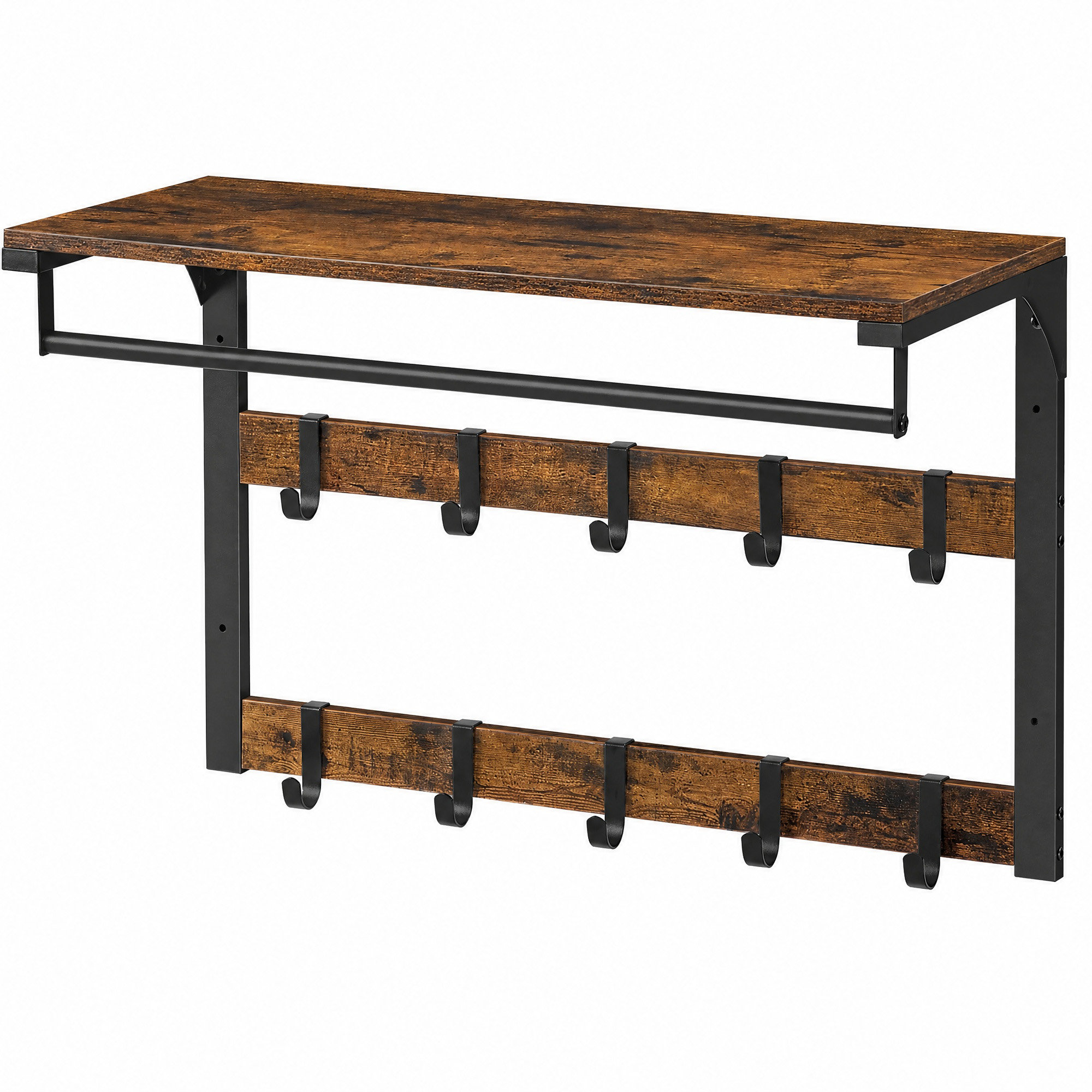 VASAGLE Wandgarderobe, mit Ablage, Wandregal mit 10 abnehmbaren Haken LCRB35101B01