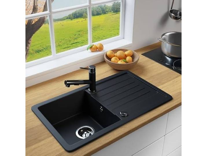 MIT ARMATUR LINDBERGH® Granit Spüle + kompl. Siphon und Imprägnierung mit Abtropffläche, Einbauspüle Küchenspüle Spülbecken - Verbundstoffe MADE IN GERMANY (VEL44 + Armatu 1-Nero)