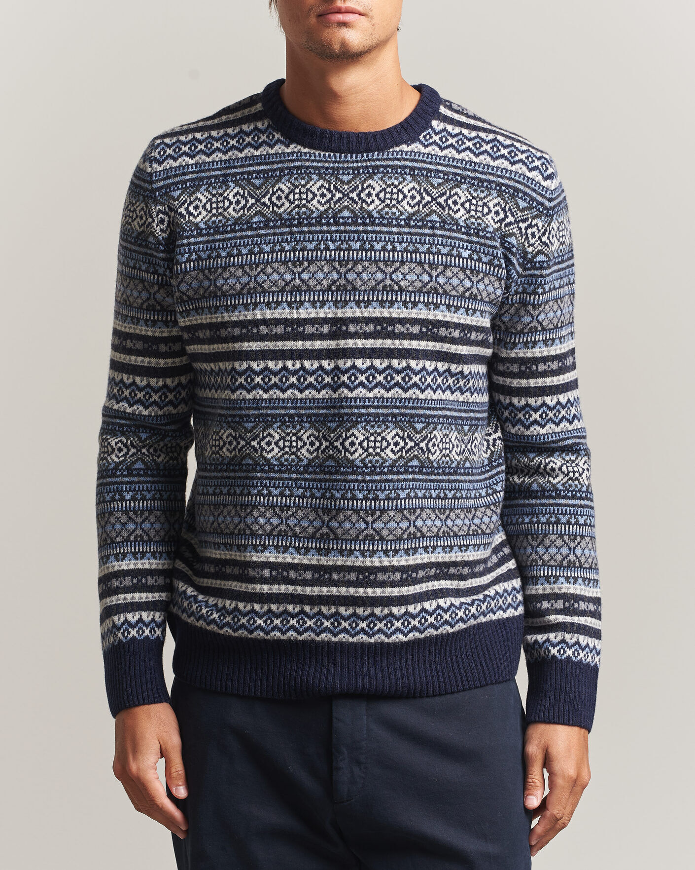 Morgano Wool/Cashmere Fair Isle Knitted Crewneck Navy men L Blå