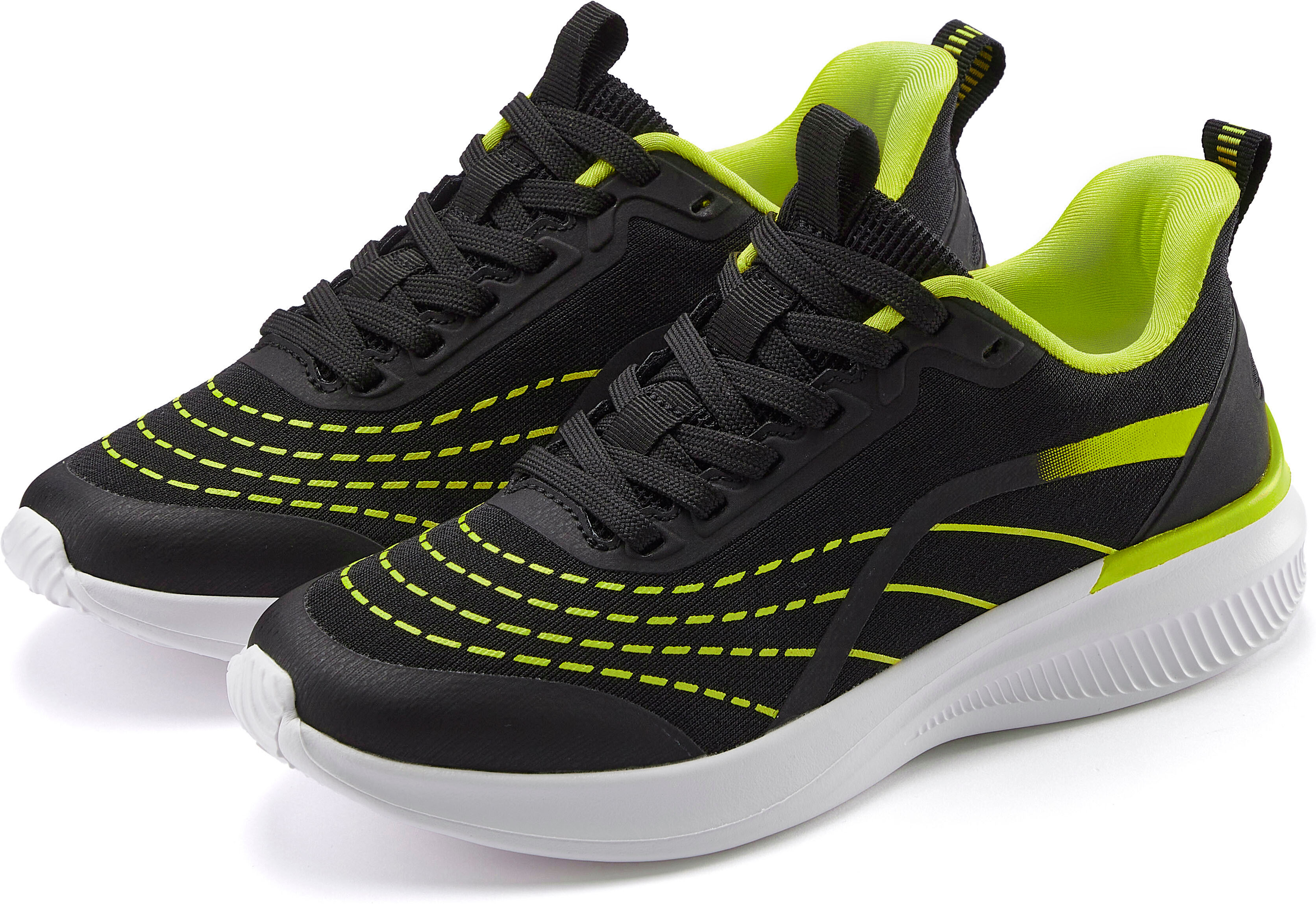 Sneaker LASCANA "Halbschuh, Schnürschuh, Freizeitschuh, Turnschuhe", Damen, Gr. 41, schwarz (schwarz, lime), Obermaterial: 100% Textilmaterial. Decksohle: 100% Textilmaterial. Futter: 100% Textilmaterial. Laufsohle: 100% Synthetik, kontrastfarbene Details