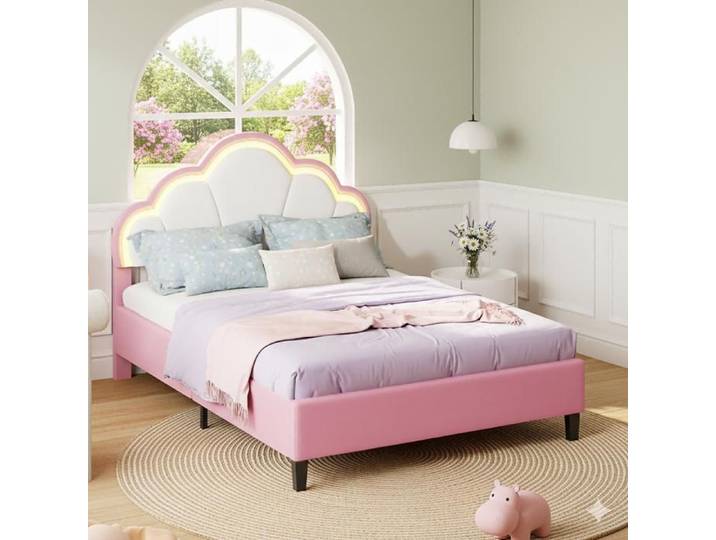 Lit 140x190cm - Lit Enfant 140x190 - Lit Princesse Fille avec Couronne Sommier Tête de Lit & LED Réglables - Velours - Rose