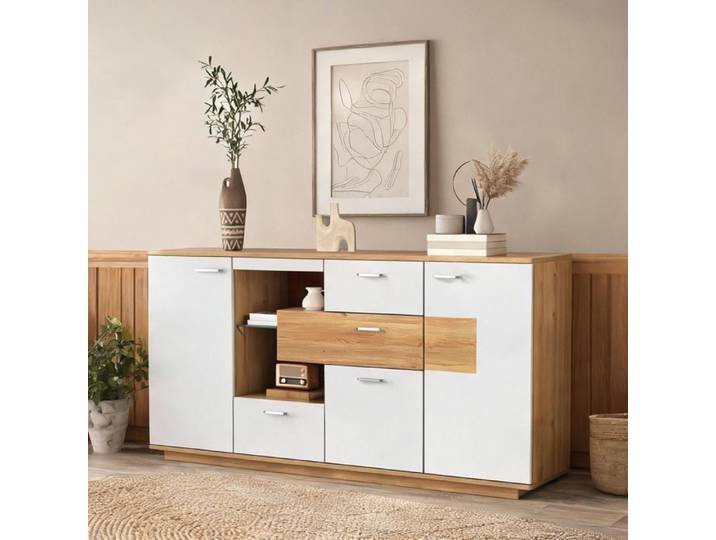 Buffet bas contemporain MDF finition bois naturel avec LED 16 couleurs 160x40x77 cm salon