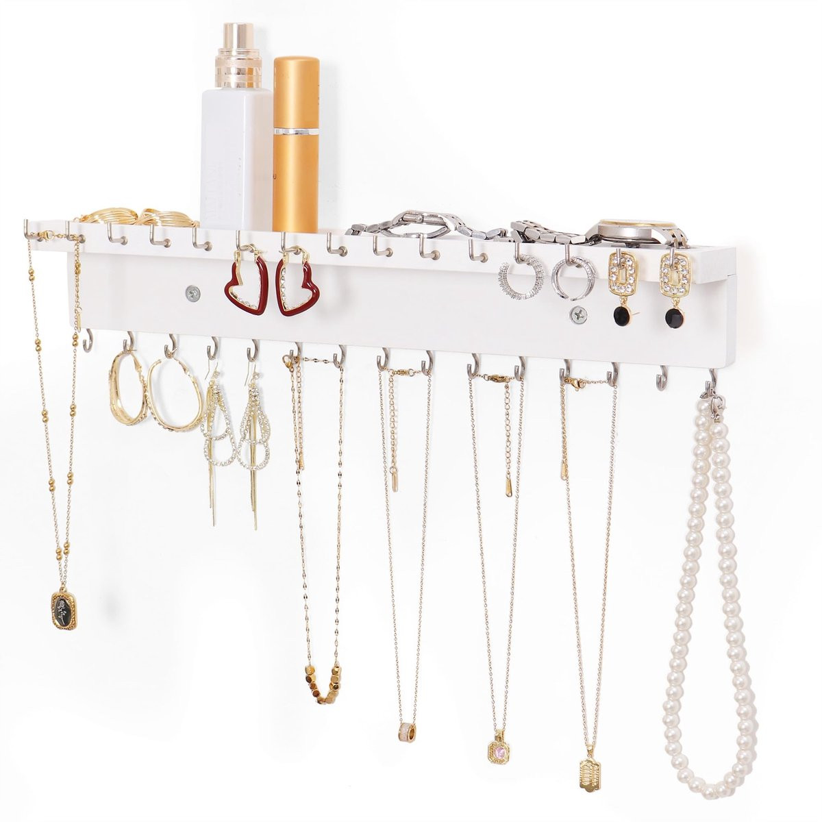 Elzusha Wandgemonteerde Sieraden Organizer met 30 Haken - Wit Eikenhout