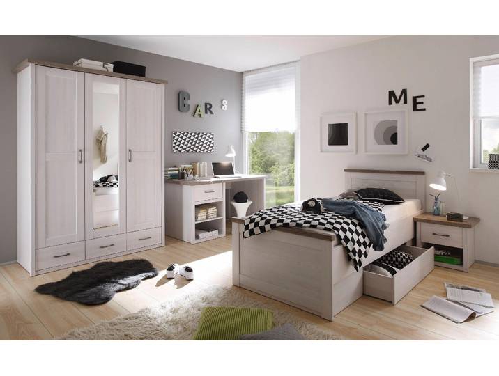 Jugendzimmer-Set BEGABINO Luca, Möbel-Set komplett Zimmer , weiss (pinienfarben weiß, trüffelfarben), B/H: 90cm x 200cm, Holzwerkstoff, Schlafzimmermöbel-Sets, Jugendzimmer-Set, komplettes Möbel Set im Landhaus Style