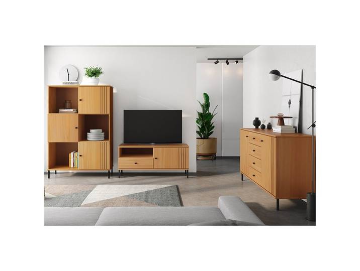 Lomadox Wohnwand WILLOW-69, (3-St., Highboard Lowboard Sideboard), Kiefer massiv Massivholz eichfarbig Rillen Design