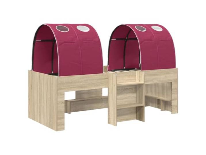 SKTQYQO Bett mit 3 Teilen, Sonoma-Eiche und Rot Technisches Holz, hohe Struktur, Lattenrost, 120 kg Kapazität, innen