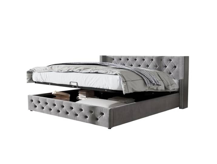 Polsterbett Ohrenform Doppelte Nietenreihe Flanell, Knopfnähte Kopf-und Fußende, Doppelbett 140*200 Hydraulisches Funktionsbett Bettunterseite ist mit schmutzabweisenden schwarzen Vliesstoff, Grau