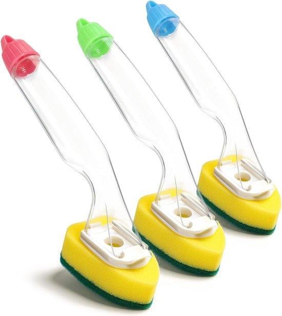 COM-Four Afwasborstels Set met Zeepreservoir - 3 Stuks - 120ml - Diverse Kleuren