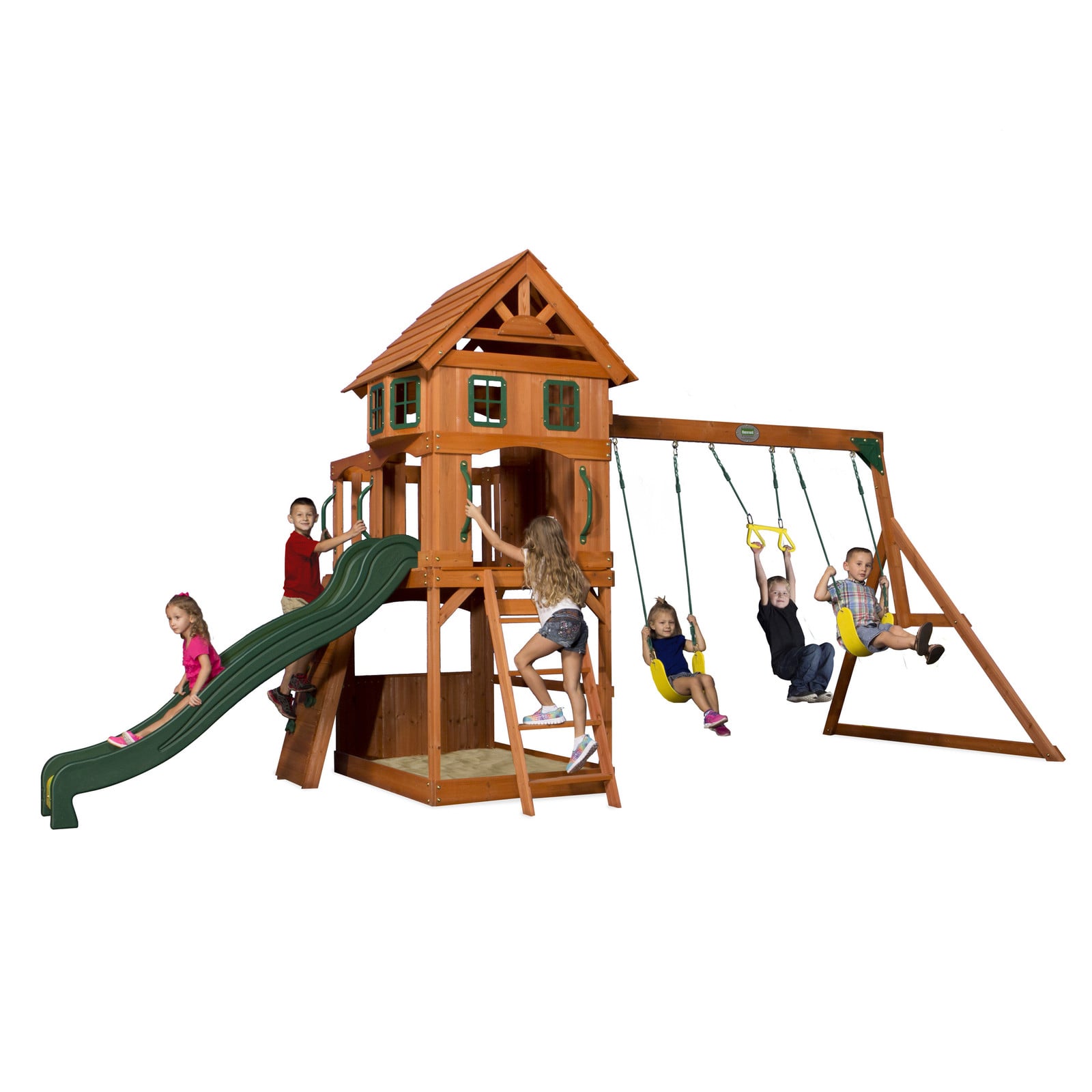 Backyard Discovery Atlantic speeltoestel met schommels, glijbaan, zandbak en klimwand, houten speeltoren voor in de tuin