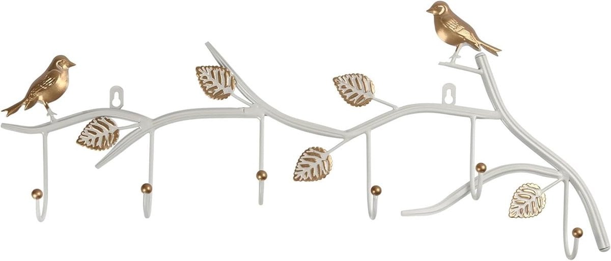 Decoratieve wandkapstok met vogel en blad decoratie in wit - Breedte: 50 cm, Hoogte: 28 cm