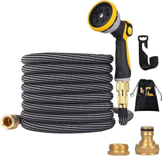 Magische tuinslang van 60 meter met automatisch oprolsysteem, zwart, inclusief spuitpistool met 9 functies