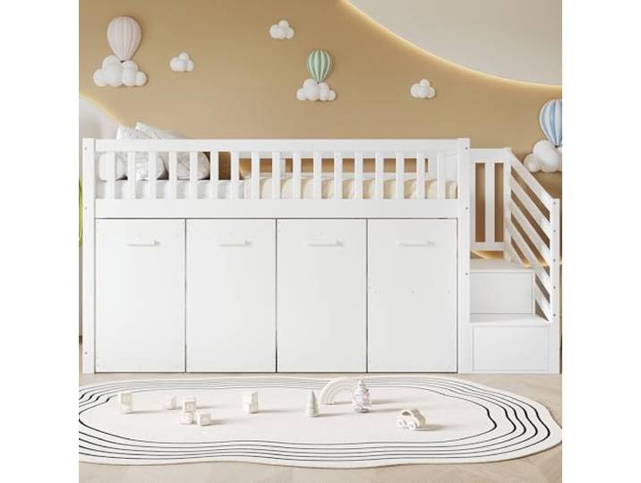 FAYICIC 90x200cm, Weiß,Etagenbett, Multifunktionsbett, Hochbett mit Schreibtisch und Schrank, Ausziehbarer Schreibtisch Kinderhochbett, Bett mit Schreibtisch, Kinder Bett