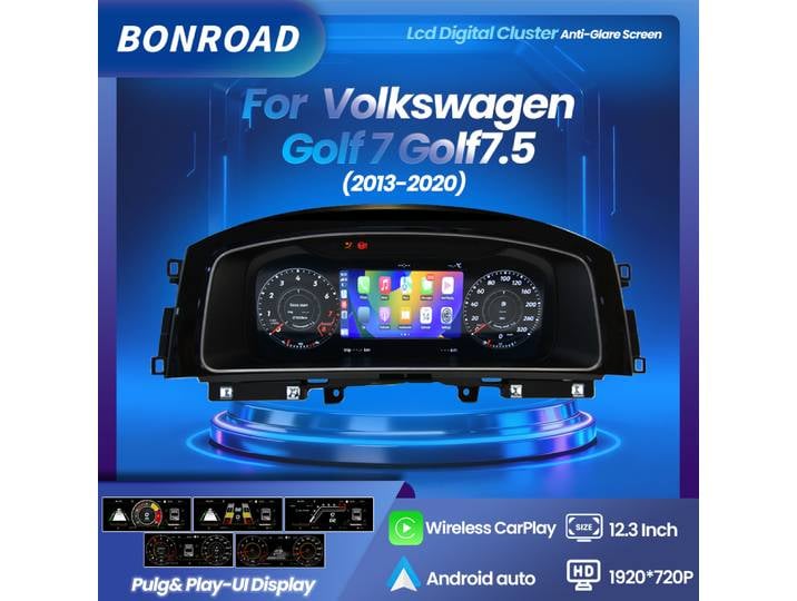 Tableau de bord numérique LCD BONROAD CarPlay Android Auto pour VW MK Golf 7/7.5 2013-2020, panneau de cockpit, compteur de vitesse