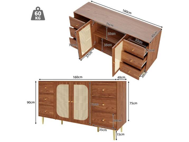 Buffet bas 160 x 40 x 90 cm VUENOR – 6 tiroirs 2 portes rangement moderne marron