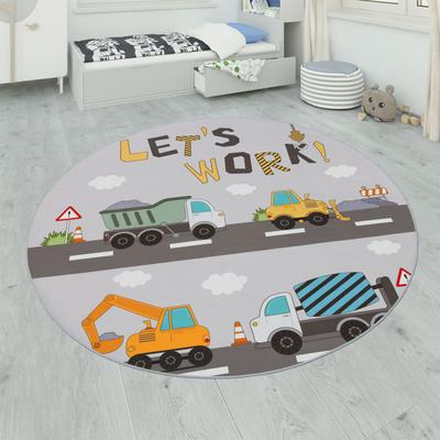 Kinderteppich PACO HOME "Bino 578", grau, B:160cm H:4mm L:160cm Ø:160cm, Polyester, Teppiche, Kinderteppich, Spielteppich, Motiv Autos & Baustelle, Kinderzimmer