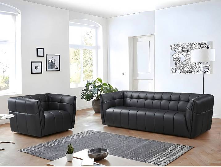 3-Sitzer-Sofa und Sessel aus schwarzem Leder DUGORI