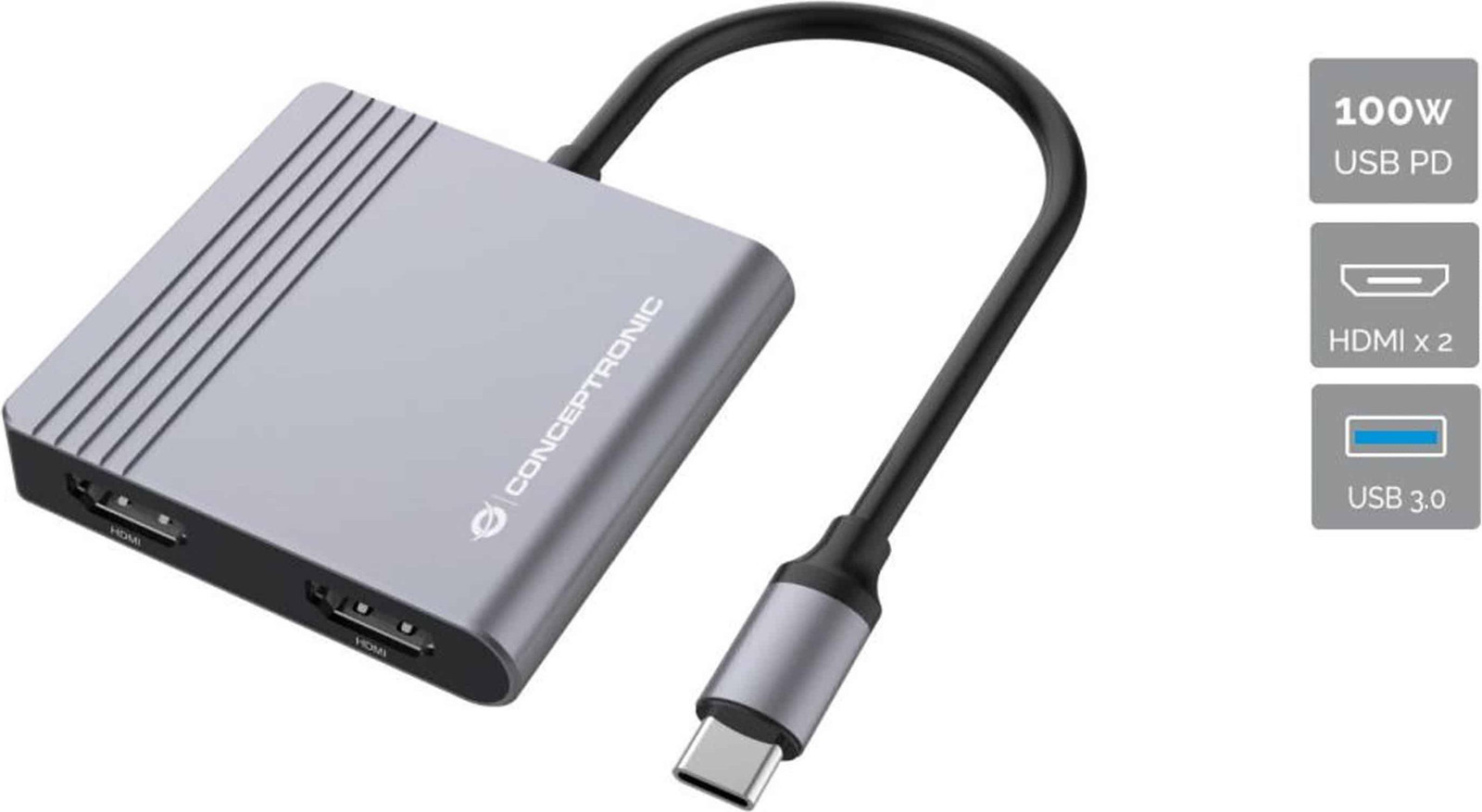 Conceptronic DONN13G 4-in-1 USB-C Dockingstation met 2x HDMI, USB 3.0 en 100W PD, grijs